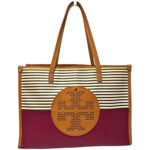 Tory Burch Viva Perforated Logo Colorblock Leather Tote Black White Burgundy